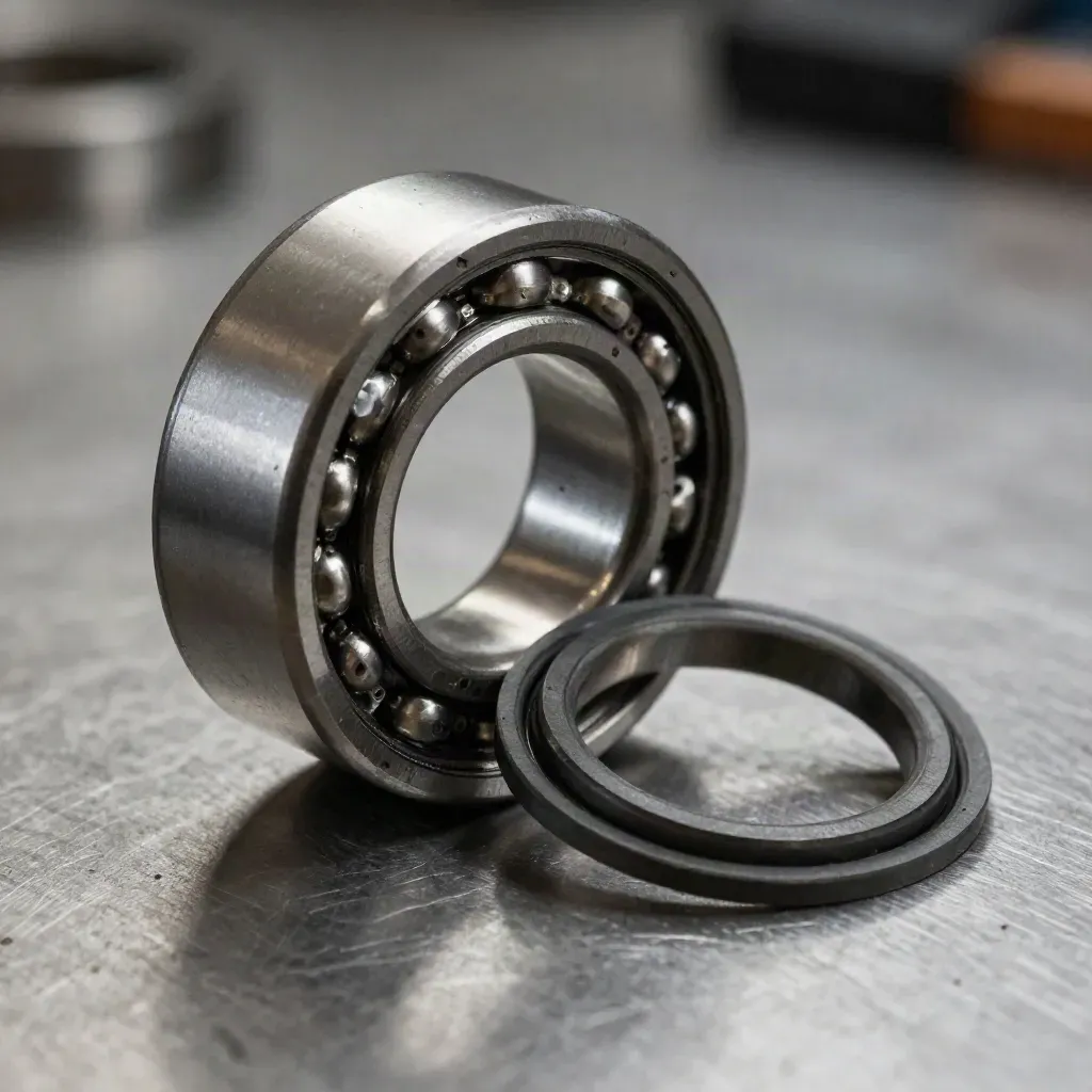 Macro of a machined bearing, graphite ring, and oil-darkened gasket on steel.