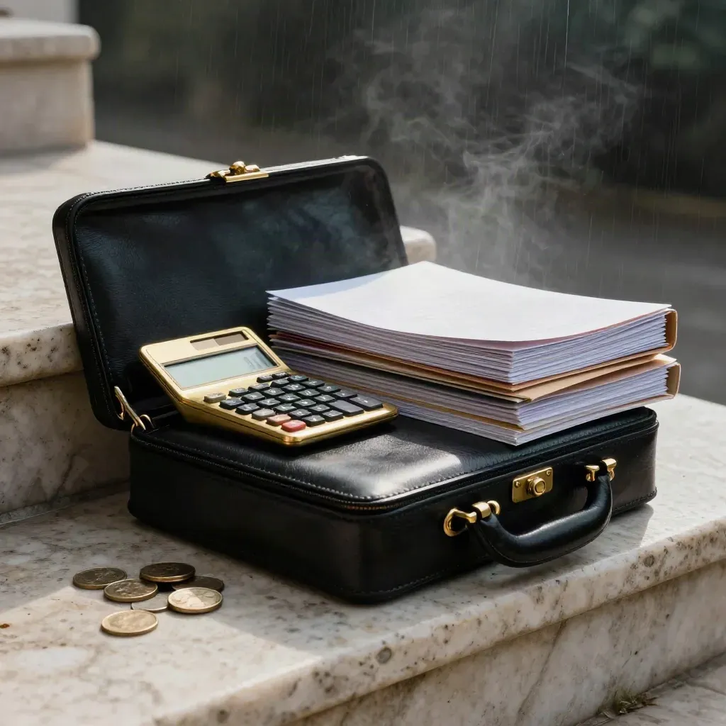 Black leather portfolio case, brass calculator, folders and coins on rain-damp stone steps.