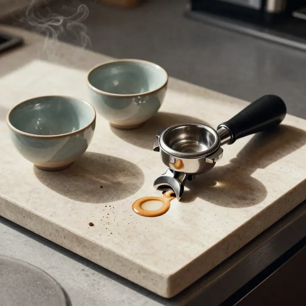 Espresso tamper, basket, and ceramic bowls on stone with steam and teal accent