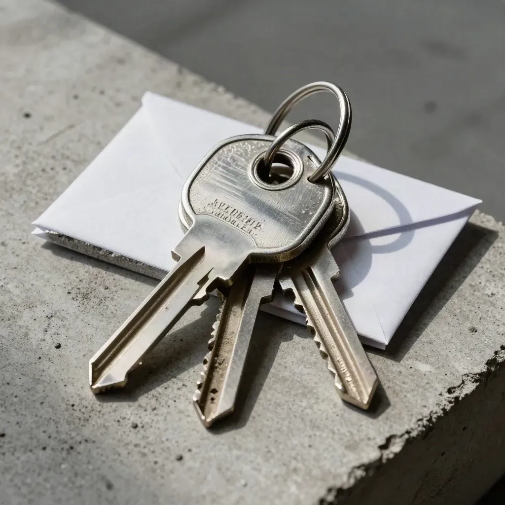 Brushed steel keys, concrete sample chip and sealed envelope corner on a cool concrete slab.