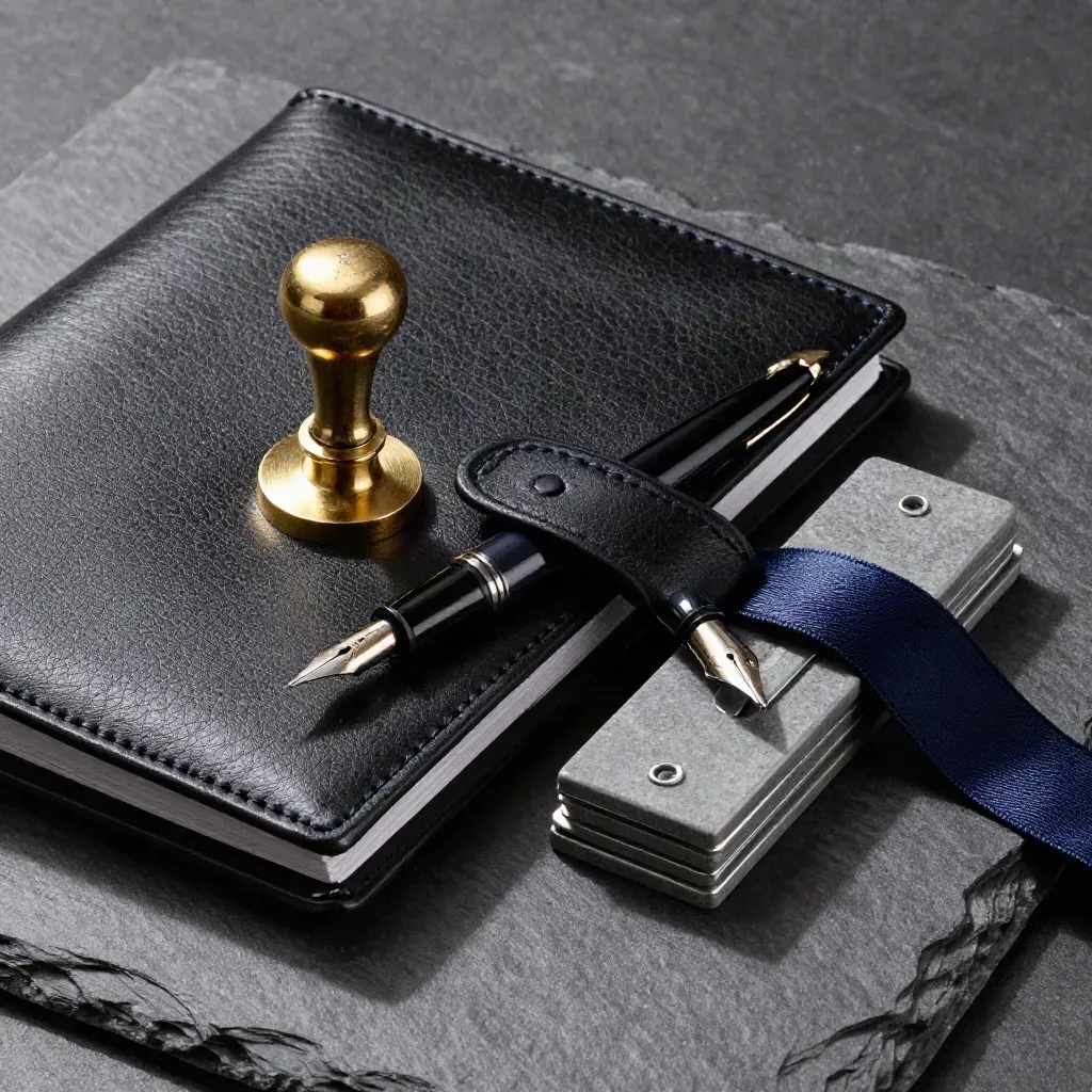 Macro still life of legal folio, brass seal, fountain pen and paperweights on slate.