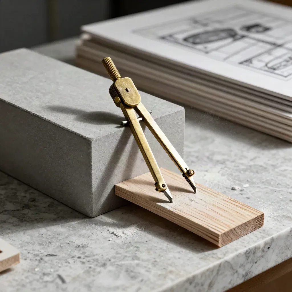 Architectural model block, brass divider and timber offcuts on stone in dramatic light