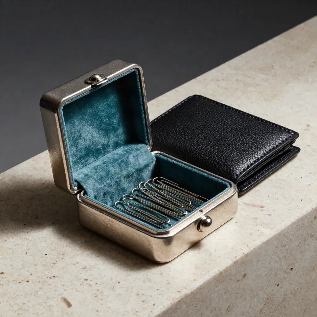 Silver cufflink box, black card wallet and paperclips on pale stone, side-lit in close-up.