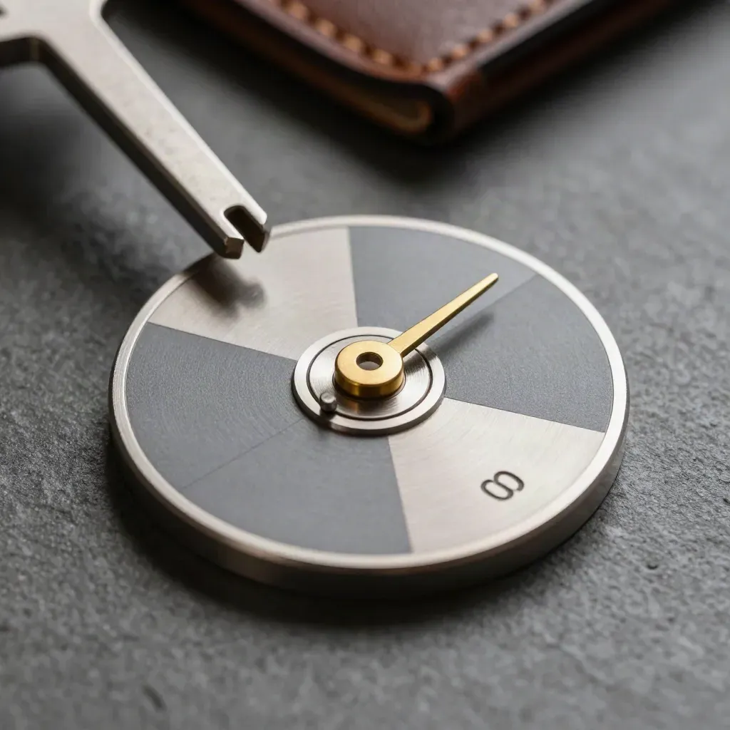 Macro of a brass risk dial with grey sectors on graphite stone, pointer set to the middle band.
