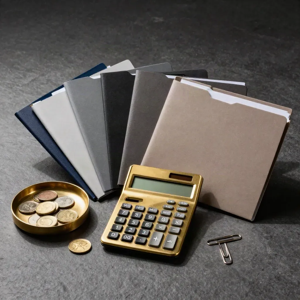 Brass calculator with closed asset folders, coin tray and paper clips on graphite stone.