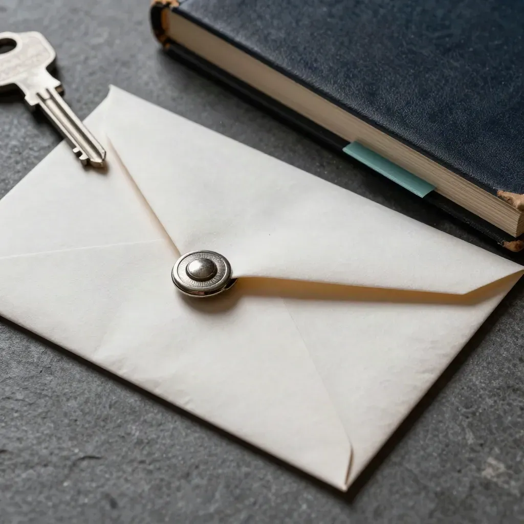 Macro of a sealed tax envelope under a metal clip beside a ledger block on graphite stone.