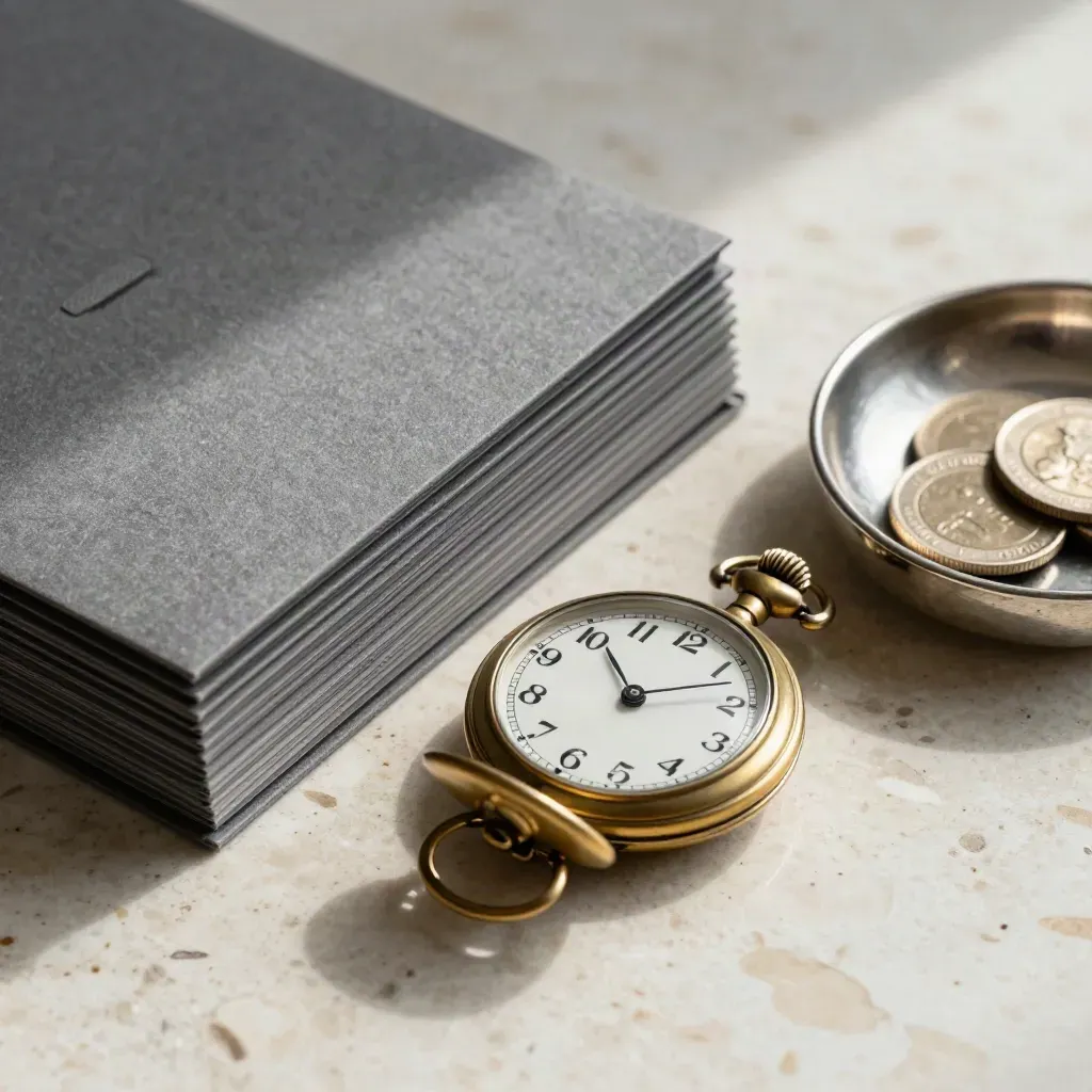 Brass pocket watch beside retirement folders and a silver coin bowl on travertine.