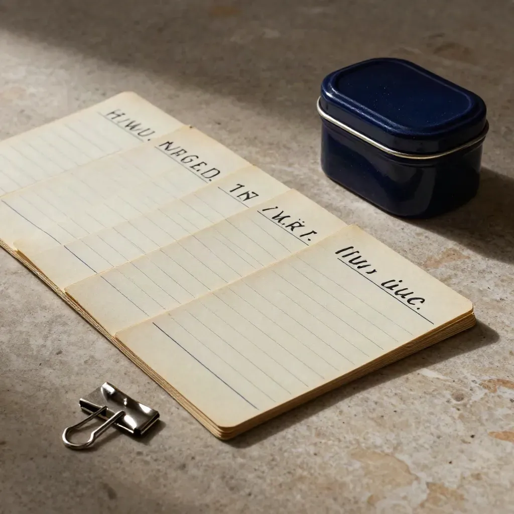 Top-down still life of face-down ledger cards, a navy cash tin, and two steel clips