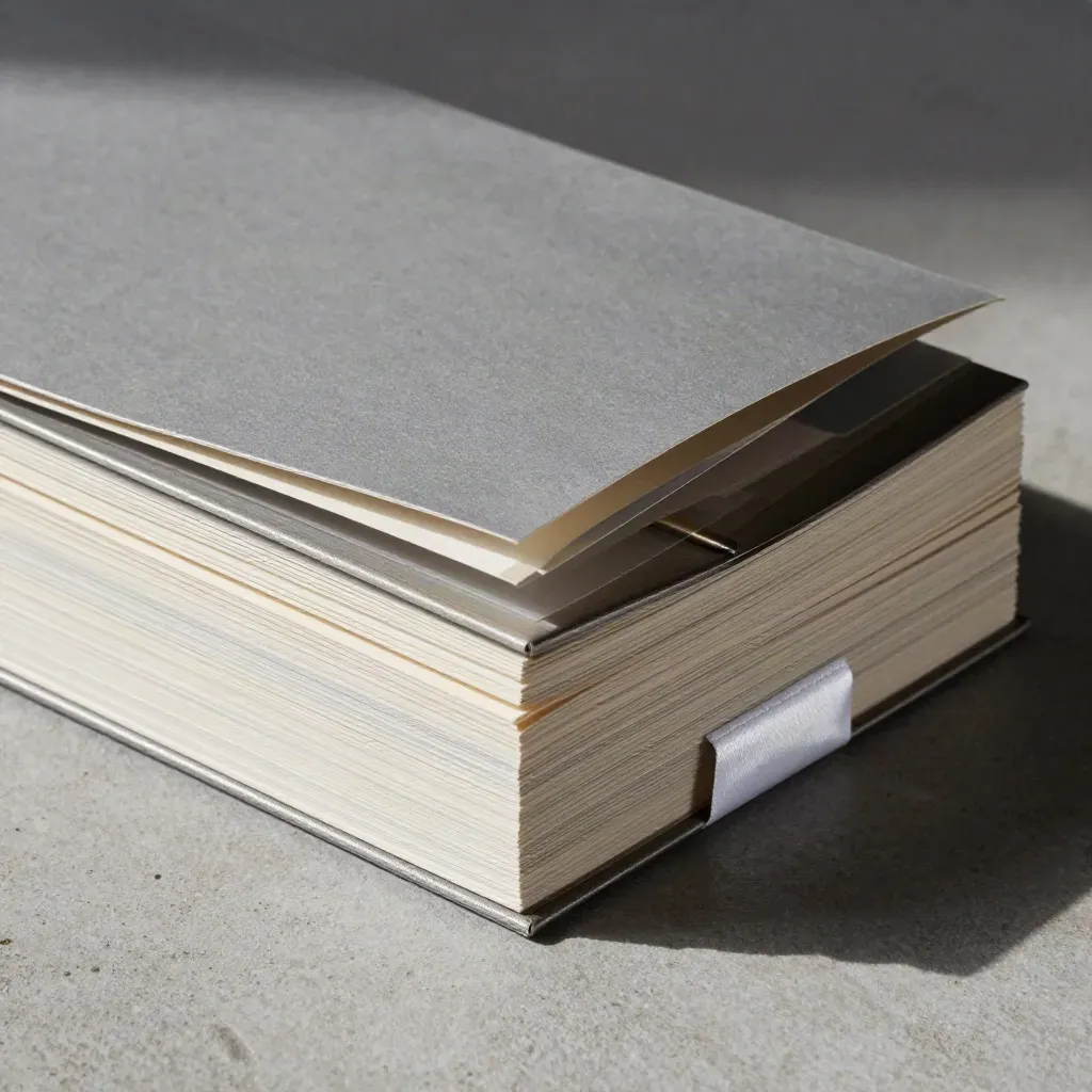 Macro side view of a report pack with translucent divider tabs on concrete-grey paper