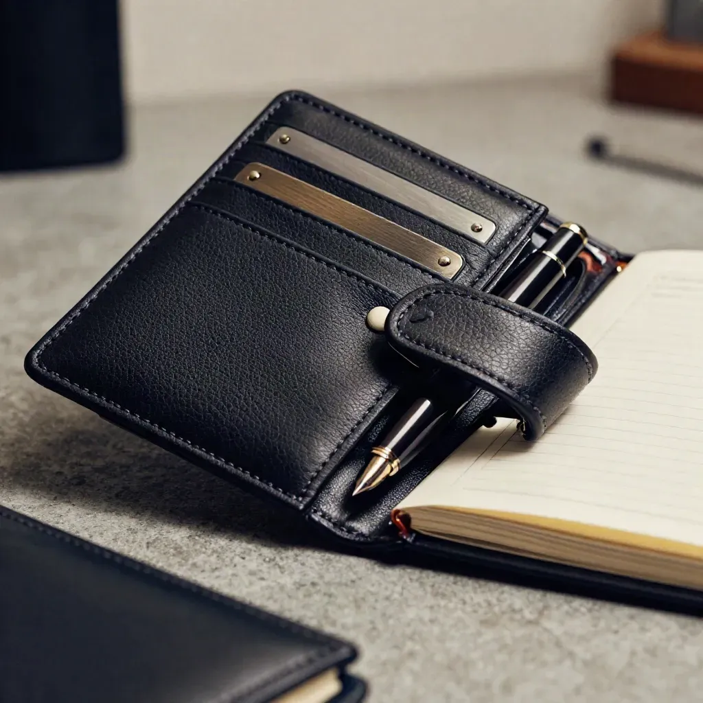 Black leather client file wallet, divider tabs, fountain pen and notebook in a serious finance still life.