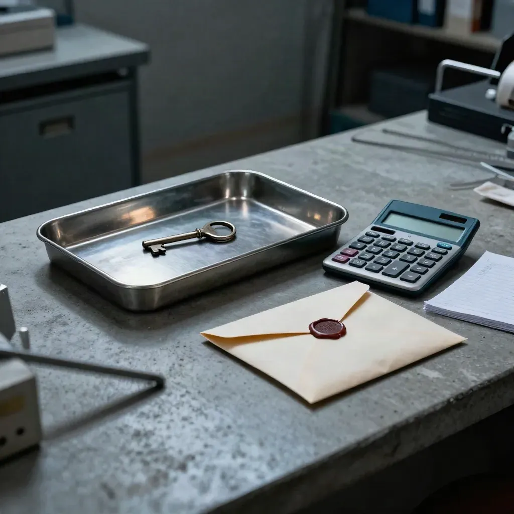 Receipt tray, key, calculator and expense envelope on a concrete back-office counter.