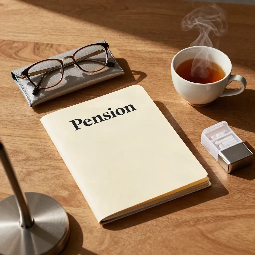 Overhead still life of a teacup, pension folder, glasses case and pill organiser on oak.