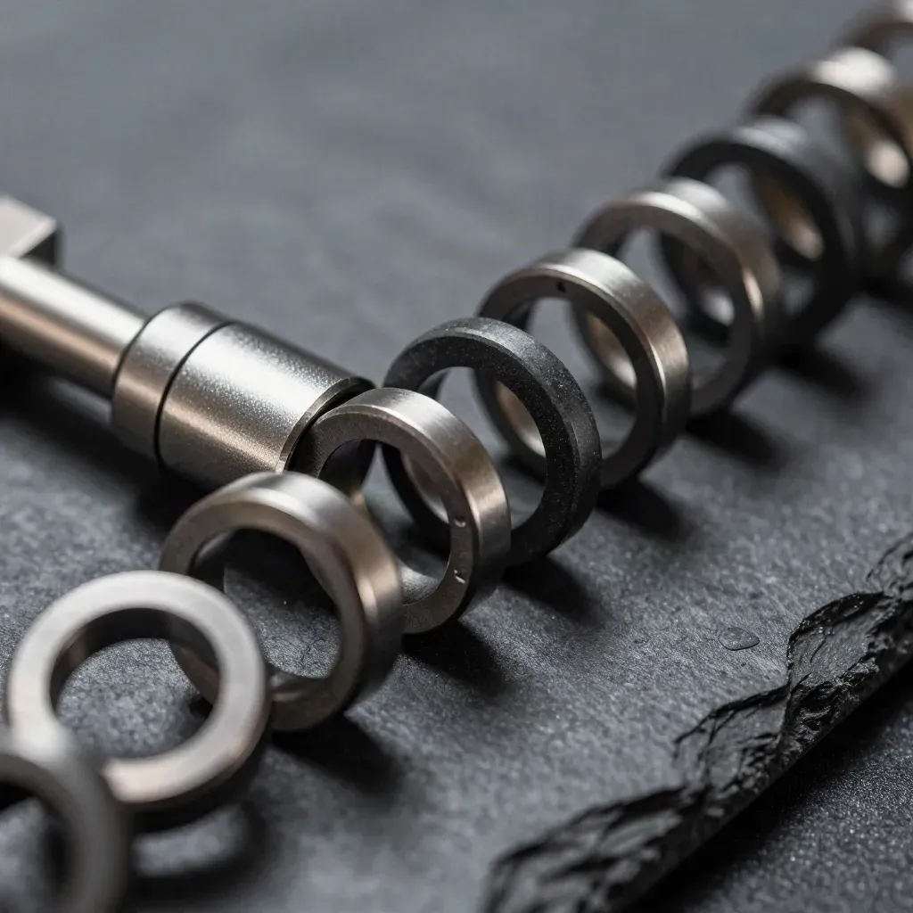 Top-down macro of machined metal rings aligned with a magnetic connector block on dark stone