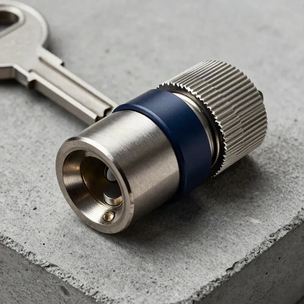 Close-up of metal connector parts half-seated on concrete with a navy accent.