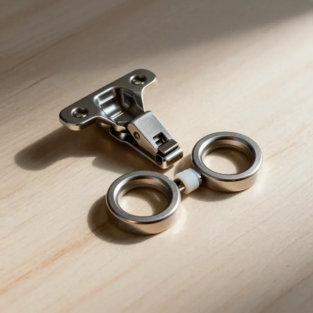 Polished hinge and linked couplers on pale wood, lit from upper left