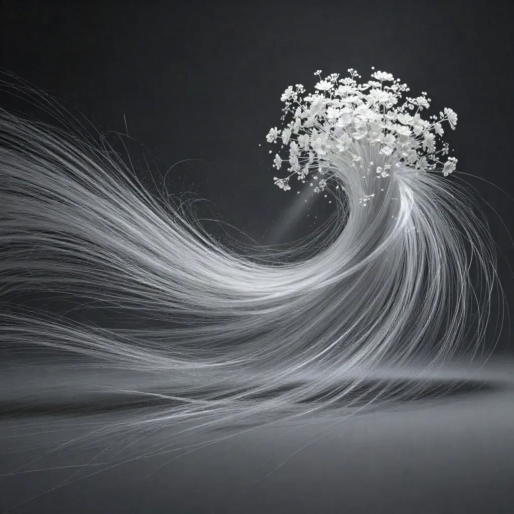 Silver filaments converge into a soft white bloom on a graphite void, with calm copy space below.